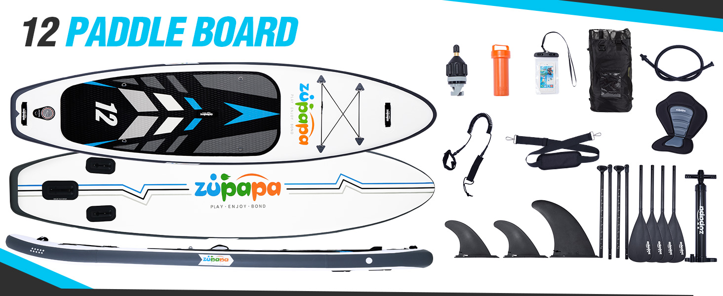Надувне SUP-борд Zupapa 366см/320см (12ft) з аксесуарами | Stand Up Paddle Board з сидінням для каяка | Чорно-біло-сірий комплект