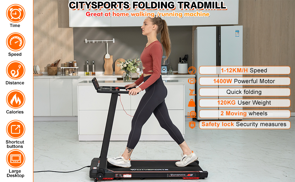 Бігова доріжка CITYSPORTS складана для дому 2.0 к.с., під стіл, 1-12 км/год, електрична, з LED-дисплеєм