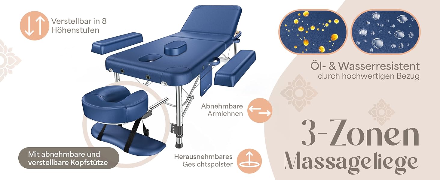 Професійна масажна кушетка KESSER 3-зонна до 250 кг, складаний масажний стіл для косметики та терапії з підголівником, підлокітниками та сумкою для перенесення, 60 см