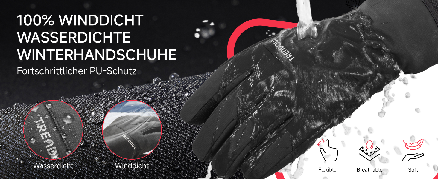 Терморукавички Trendoux для чоловіків та жінок: теплі, водонепроникні, вітронепроникні рукавички для велосипеда, катання на лижах, бігу з підтримкою сенсорного екрану та м'яким флісовим підкладкою, чорні
