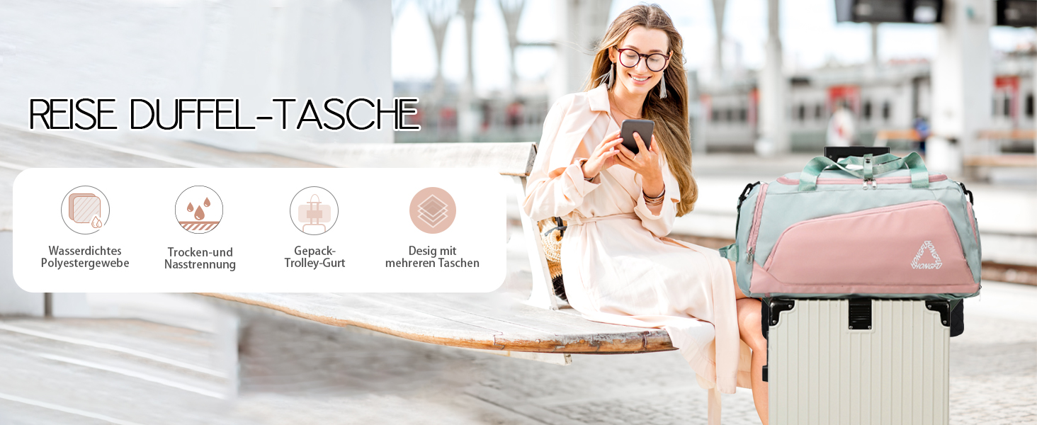 Спортивна сумка для жінок 45L з відділенням для взуття, мокрою сумкою, водонепроникна, для подорожей, спортзалу, басейну. Сумка-рюкзак для фітнесу, спорту, подорожей. Зелена/Рожева.