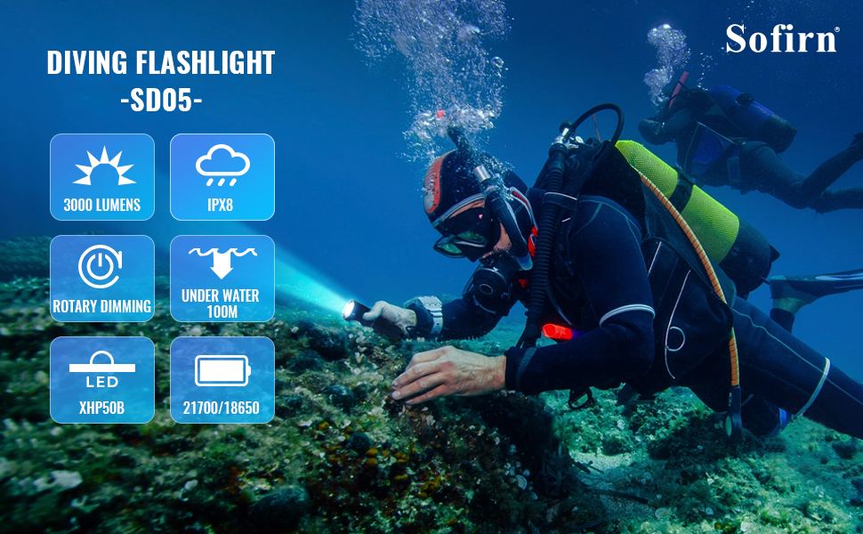 Ліхтар Sofirn SD05 LED для дайвінгу, 3000 люмен, XHP50.2, акумулятор, магнітне кільце, водонепроникний, 100м