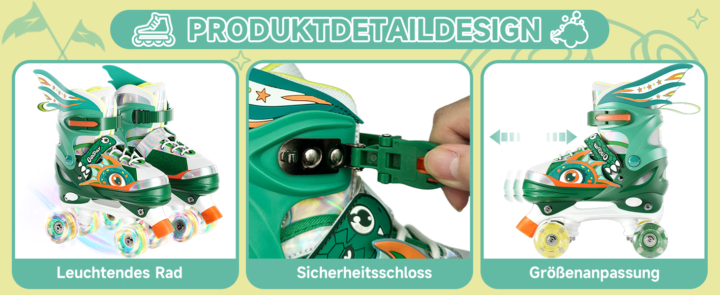 Дитячі ролики Quad Roller Skates з підсвічуванням коліс, регульовані по розміру, зелені (32-35)
