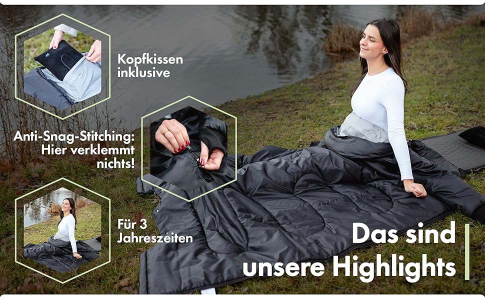 Спальний мішок з рукавами Nature Rovers – дорослий, для кемпінгу та відпочинку на природі (3 сезони), водонепроникний, з отворами для ніг, включає подушку, чорний