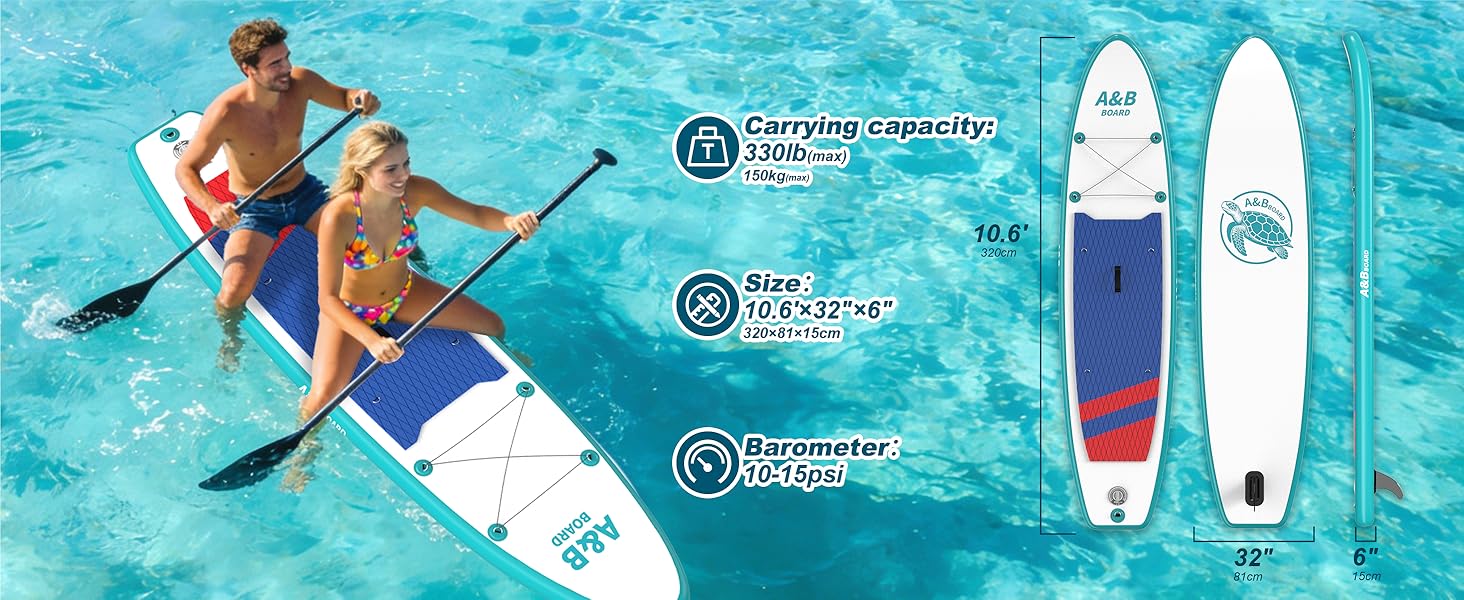 SUP дошка ABBOARD надувна 335 см для 2 осіб, блакитна - комплект з преміум аксесуарами, вантажопідйомність 200 кг