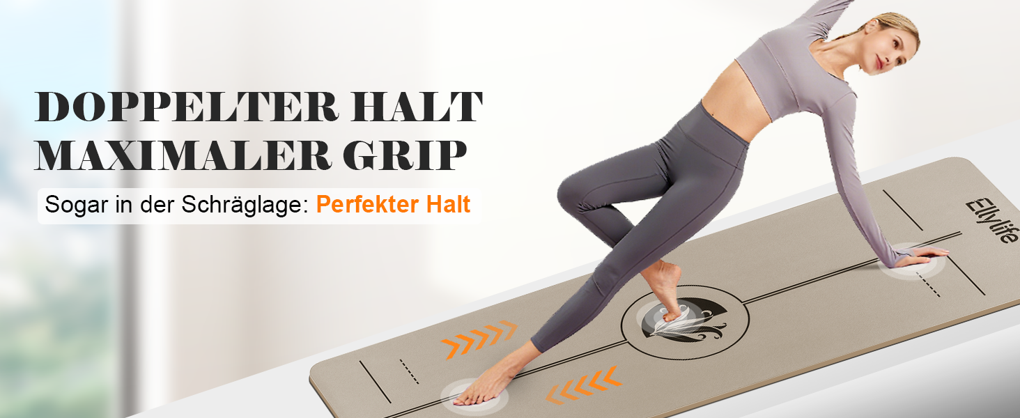 Килимок для йоги та пілатеса з еко-каучуку та TPE, протиковзкий з лініями розмітки, бежевий, 4мм, з ременем для перенесення