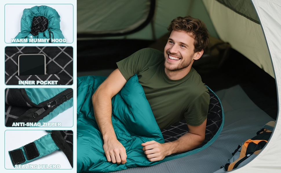 Спальний мішок Baumwoll-Flanell для дорослих, 100% бавовна, для кемпінгу, трекінгу, подорожей з рюкзаком, 3-4 сезони, легкий, See blau/schwarz