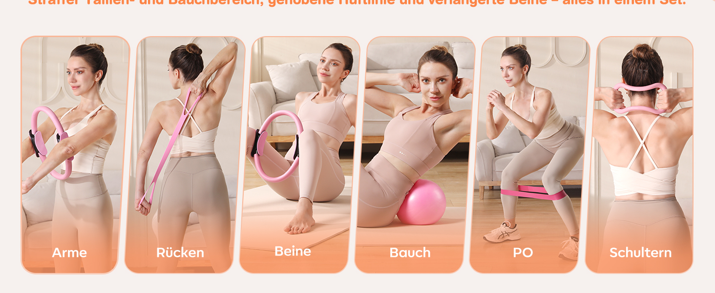 Набір для пілатесу 13 шт. для дому: кільце 13', м'яч 10' та еластичні стрічки. Комплект обладнання для пілатесу для жінок, початківців. Пілатес-стрічки та аксесуари (рожевий)