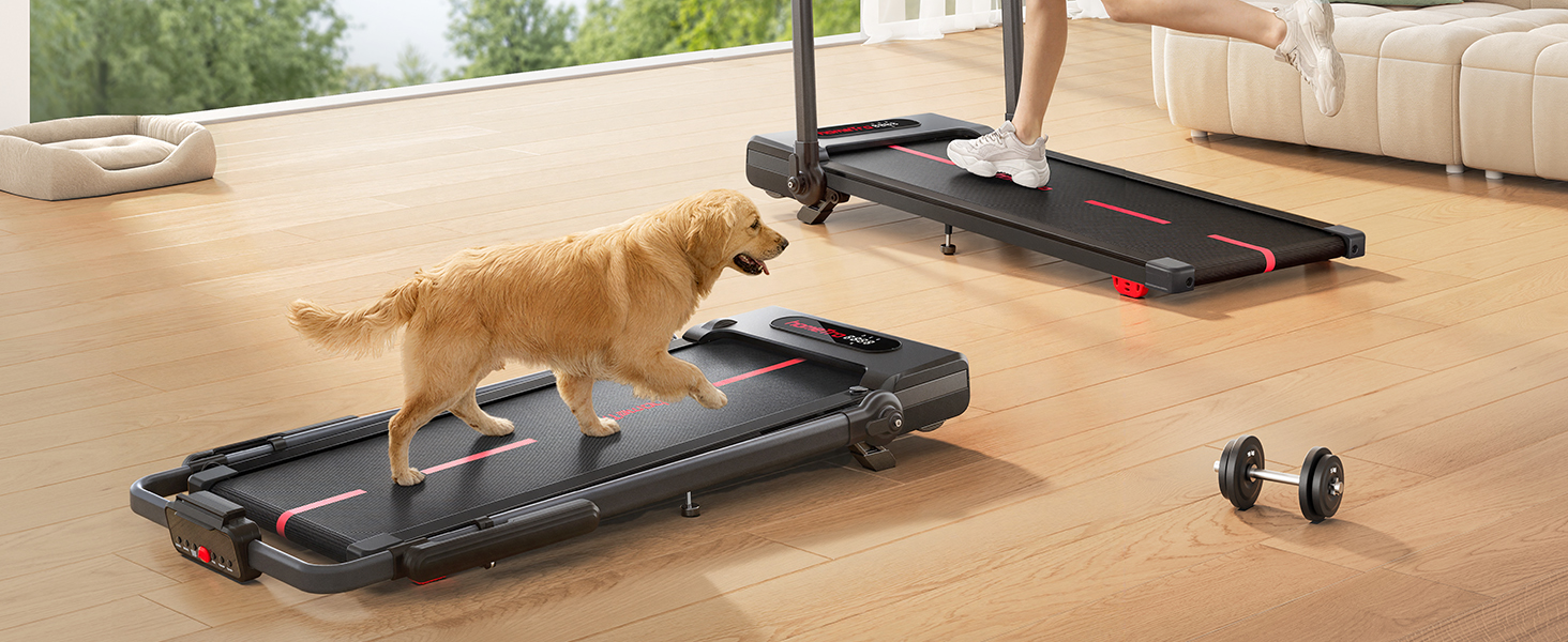 Складана бігова доріжка для дому з нахилом 7%, Walking Pad до 12 км/год, з регульованим поручнем та знімним робочим столом, двигун 3.0 к.с., керування через додаток та пульт, червоно-чорна