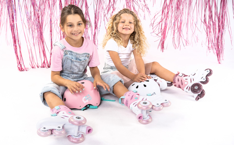 Роликові ковзани Cariboo для дітей, інлайнери для початківців, регульовані, 2 розміри, з навчальними колесами, рожеві, балетки (XS (26-30), рожево-м'ятні)