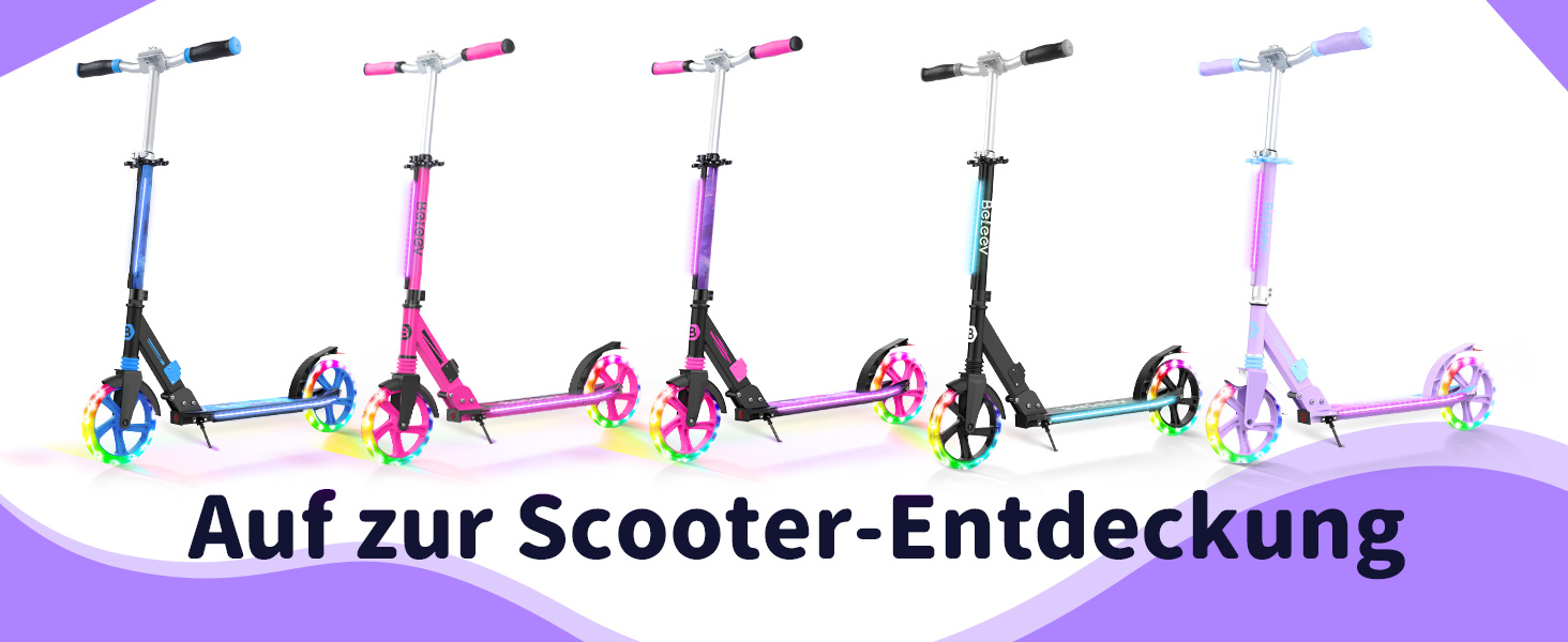 Самокат трюковий BELEEV з LED підсвіткою, регульованою висотою, колесами 200мм, амортизацією, фіолетовий. Для дітей від 6 років, підлітків та дорослих.