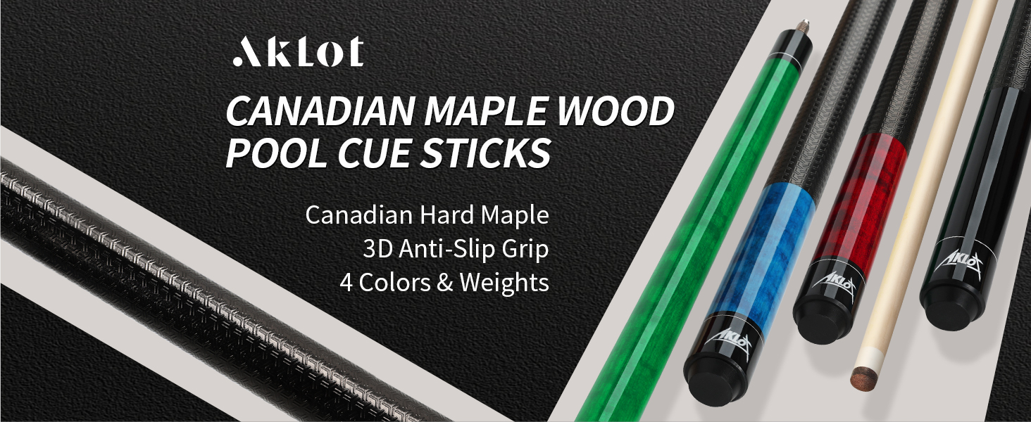 AKLOT Більярдний кий 58' - канадський клен, 13 мм шкіряна вершина, 3D ручка, преміум якість, для професійних гравців, чорний (540г)