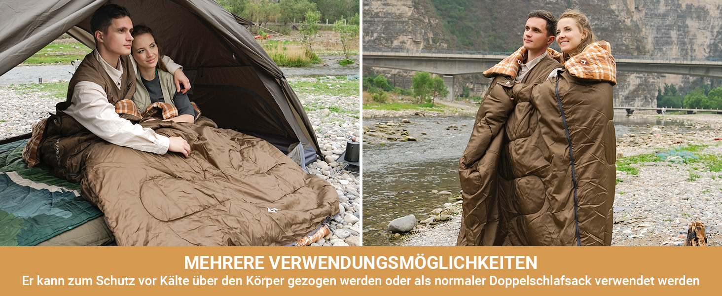 Спальний мішок KingCamp для 2 осіб з фланелі, зимовий, теплий, 3-4 сезони, з 2 подушками, для кемпінгу та відпочинку на природі, синій