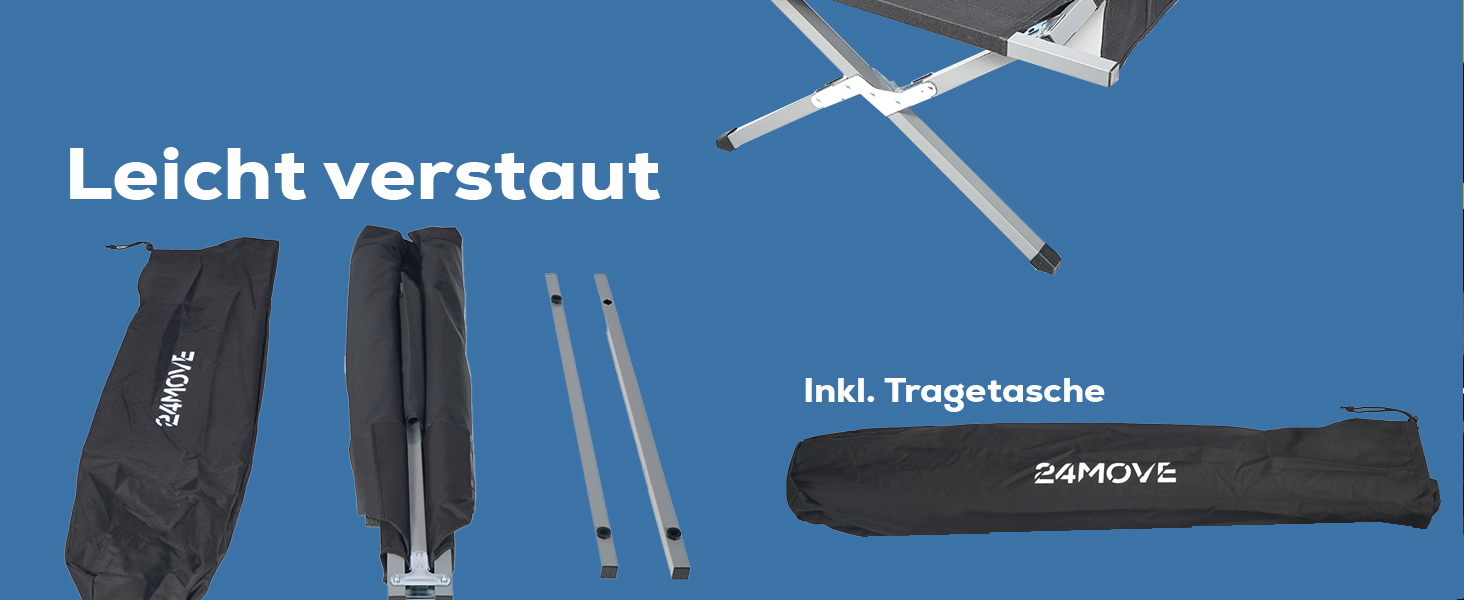 Розкладне ліжко 24MOVE® для кемпінгу та відпочинку на природі, 210x72x45 см, чорне, до 200 кг