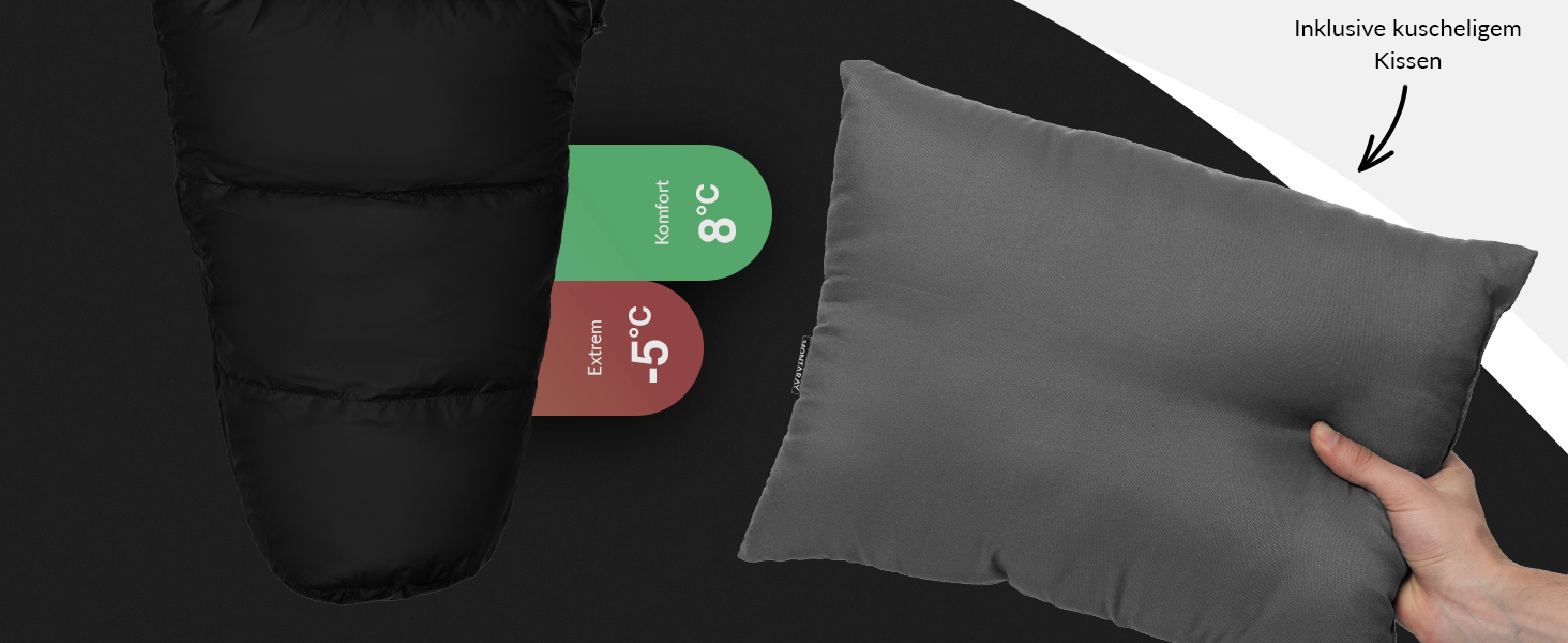 Спальний мішок MONTARAY® Mumiya [8°C - -5°C] з подушкою для 3-4 сезонів [300GSM] - Outdoor зимовий та літній спальний мішок (80x220cm) - Дека- та ковдровий спальний мішок для жінок та чоловіків (теплий), Чорний