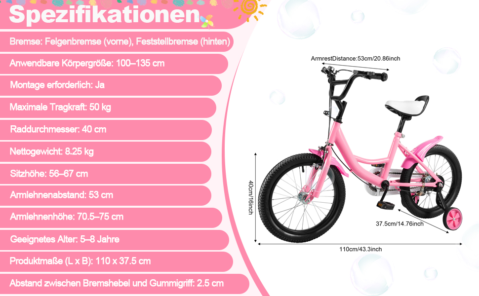 Дитяче велосипед 16 дюймів для хлопчиків та дівчаток, регульована висота, знімні додаткові колеса, рожевий