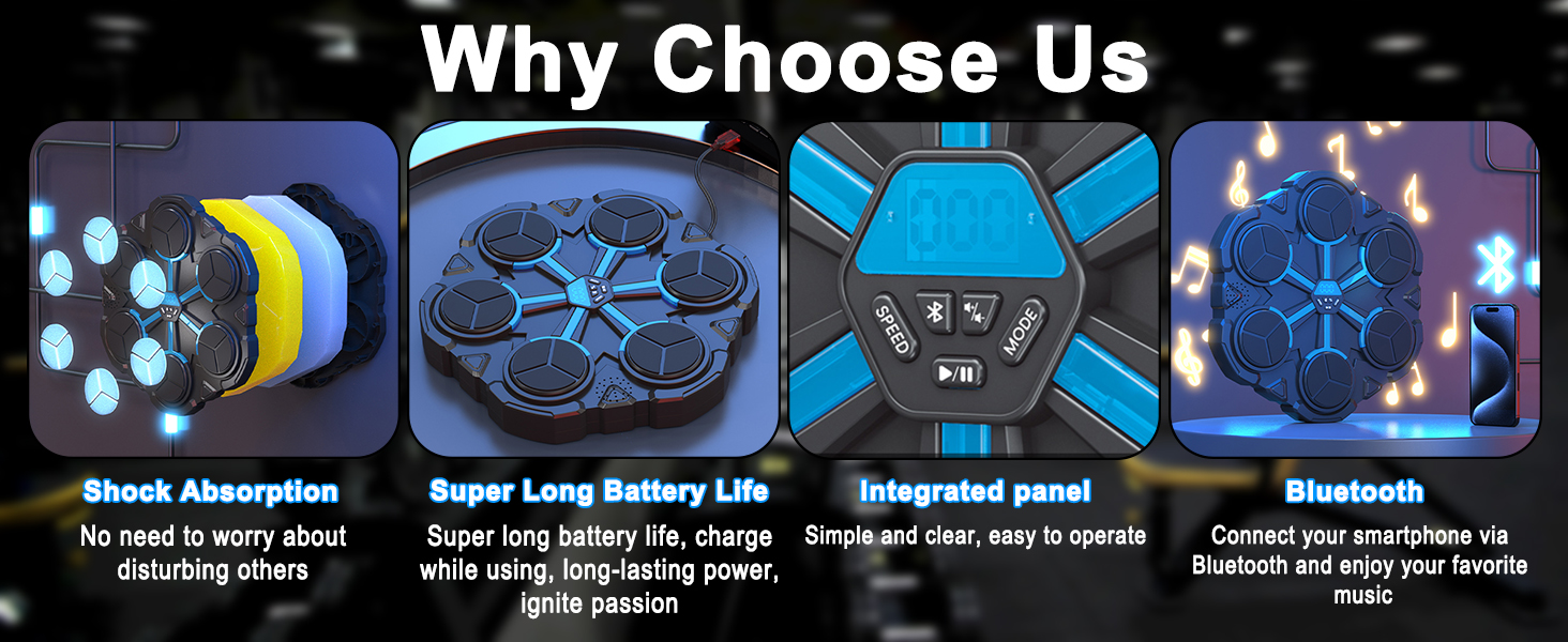 Музична боксерська машина Toyone: розумна, настінна, зі світлодіодами, 3 режими швидкості, підрахунок ударів, для дітей та дорослих, чорно-синя