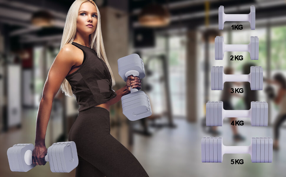 Регульовані гантелі 10 кг (2 x 5 кг), водонепроникні, компактні, легко регулюються, ідеальні для домашніх тренувань (сірі)
