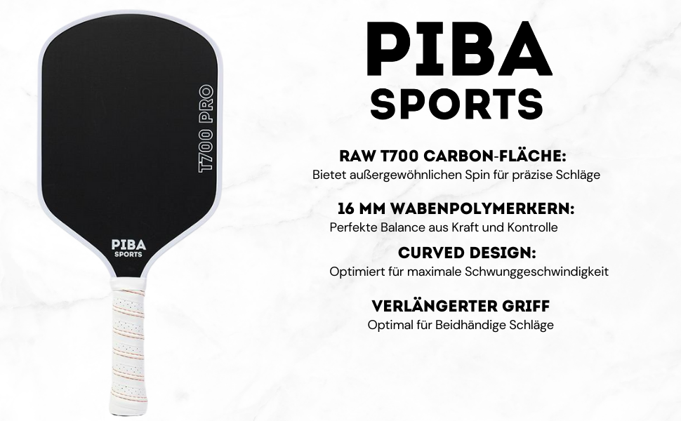 Професійна ракетка для піклболу PIBA Sports PRO, T700 карбон, 16 мм стільникова структура, шорстка поверхня для топ-спіну, подовжена ручка, легка та точна, для досвідчених і професіоналів