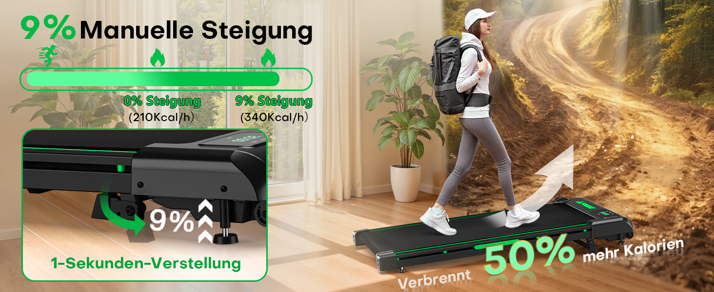 Walking Pad FOUSAE: Бігова доріжка для дому з регулюванням нахилу до 9%, LED-дисплеєм, пультом керування та мобільним додатком, 12 програм, до 150 кг, чорно-зелений