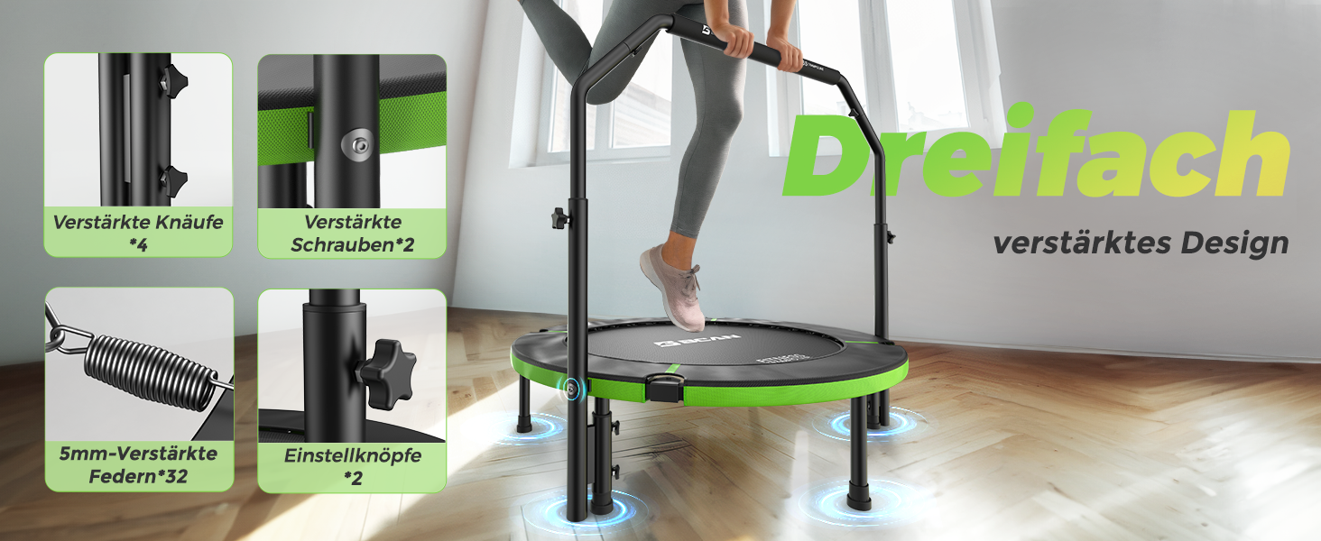 Трамплін для дому BCAN Fitness: діаметр 102/122/130 см, пружинний/з еластичним тросом, для дорослих до 250 кг, з регульованими ручками, тихий та з низькою вібрацією, зелений