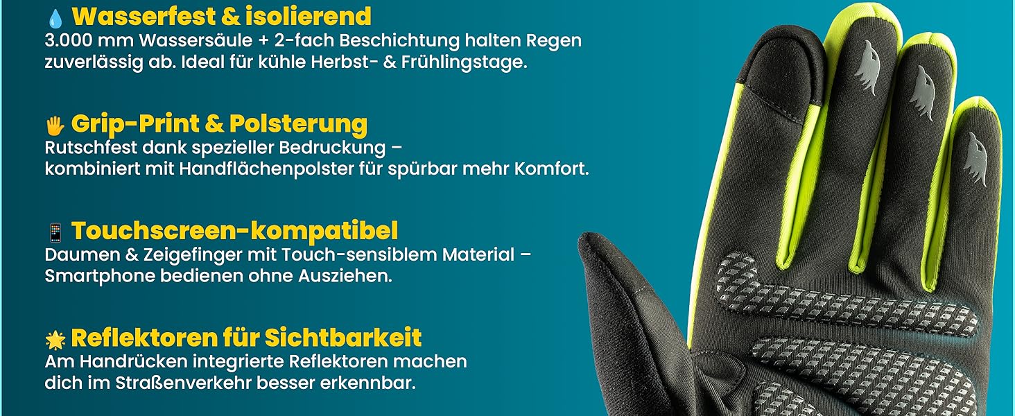 Водонепроникні велосипедні рукавички Valkental® GloRider з ізоляцією 3M | З підкладкою та зчепленням | Зігріваючі та перехідні рукавички [Чоловічі та жіночі] з функцією сенсорного екрану - Чорний L для перехідного періоду (до 6°C, 2-шарові)