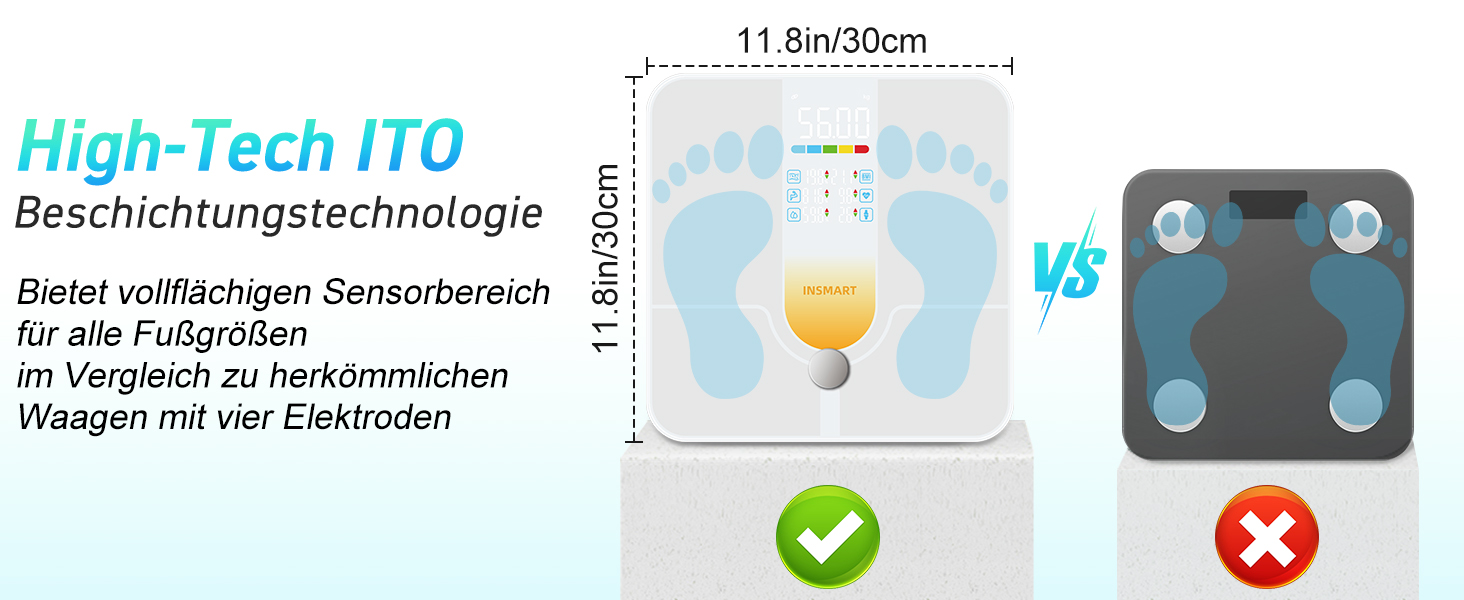Інсмарт Розумна вага з великим дисплеєм, 227 кг/500 фунтів, аналіз складу тіла, Bluetooth, APP, 18 показників (BMI, вага, жир, пульс, м'язи). Білий/Помаранчевий