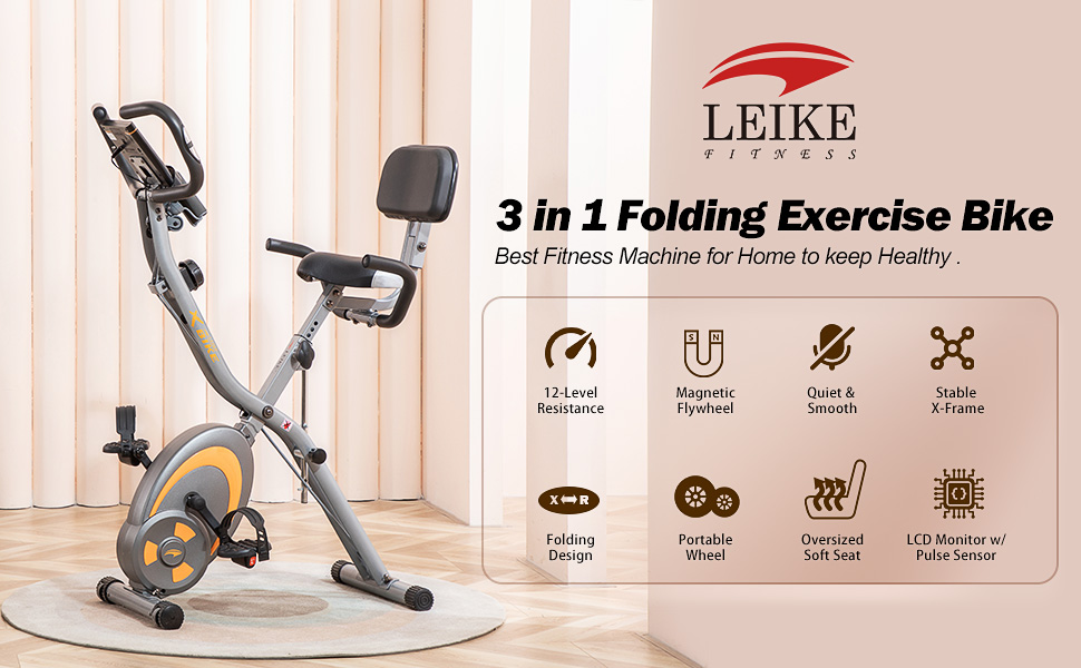 Leikefitness Складне велотренажер з еспандерами, датчиком пульсу та LCD-дисплеєм, сірий (2280)