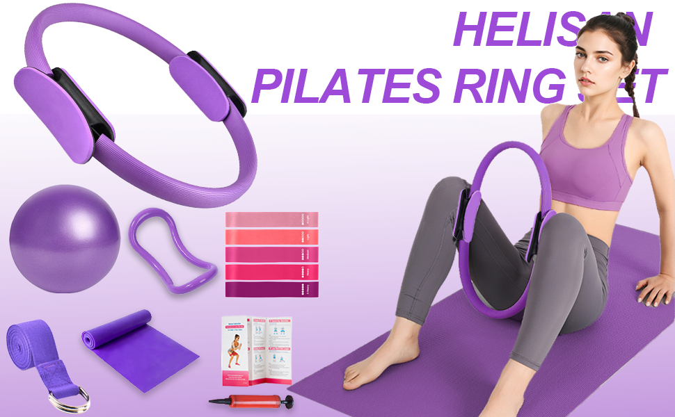 Набір для пілатесу HELISAN: Магічний кільце 38 см, фітбол 25 см, 5 еластичних стрічок, інструкція. Для дому