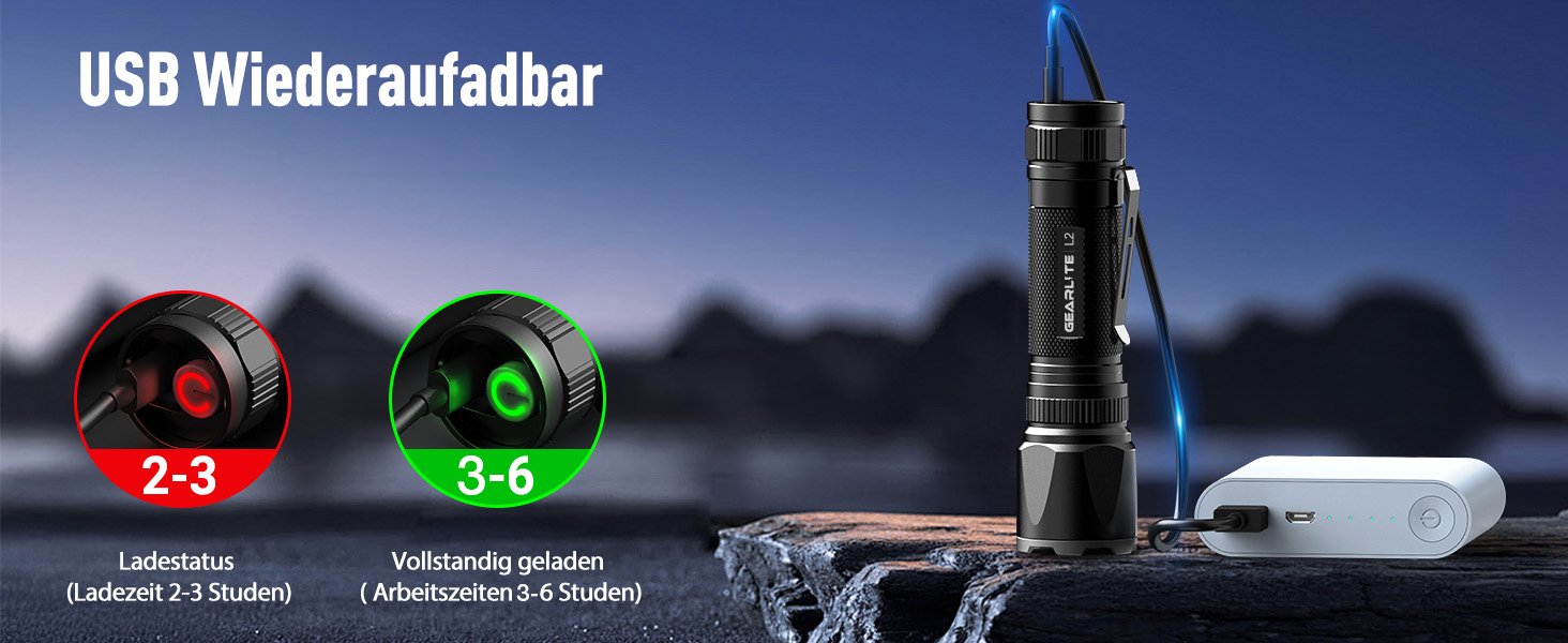 GEARLITE: 2 шт. ліхтарики LED, перезаряджувані, 3000 люмен, тактичні, водонепроникні (IP65), 3 режими, для кемпінгу, риболовлі, туризму