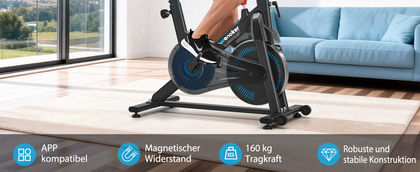 Велотренажер Wenoker з регульованим магнітним опором, ергометр, фітнес-велосипед з LCD-монітором, тримачем для планшета, Bluetooth, для дому, до 160 кг, блакитний