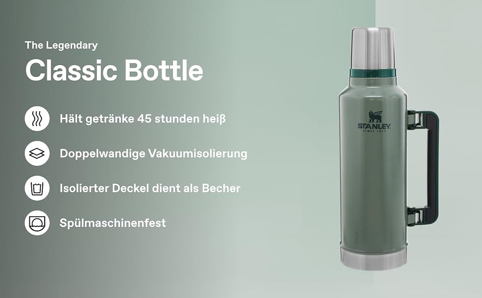 Термос Stanley Classic Legendary 1.9 л, зелений (Hammertone Green) - нержавіюча сталь, 45 год утримання тепла/холоду, BPA-free