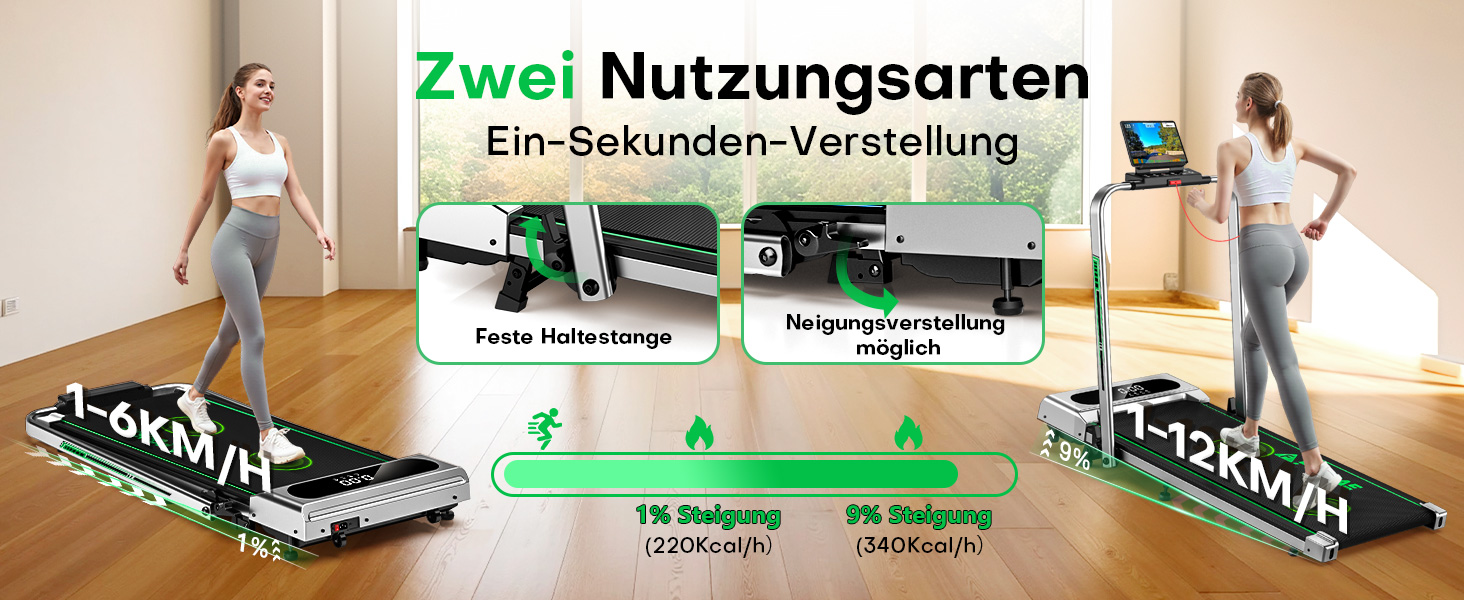 Біговий тренажер для дому 5-в-1, Klappbar Laufband, 12 км/год, 9% нахил, 2.75HP безщітковий мотор, LED-дисплей, сумісність з додатком, 12 програм, подвійна функція (срібно-зелений)