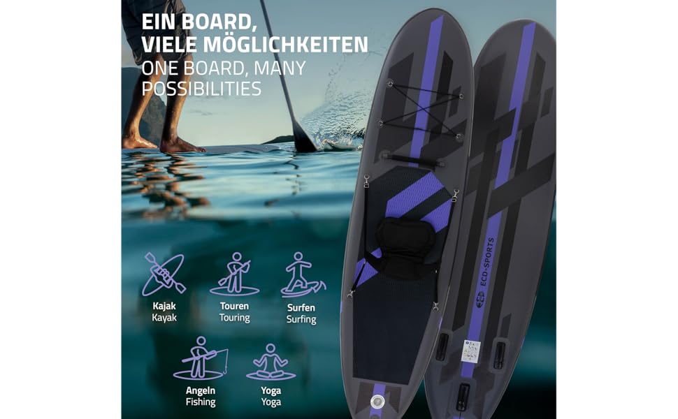 Надувний SUP Борд ECD Germany для каякінгу, 305-380 см, до 120/150 кг, 10/15 см товщина, комплект з каяком, сумкою та веслом (різні моделі) - Чорний