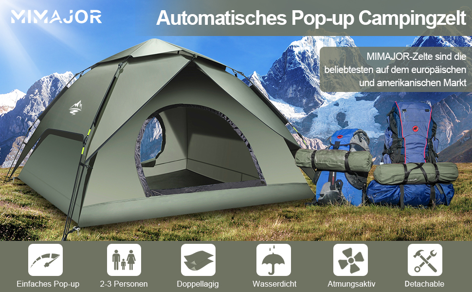 Намет туристичний автоматичний Pop Up для 2-3 особи, водонепроникний, ветростійкий, ультралегкий, куполоподібний, з UV захистом, для трекінгу, сімейного відпочинку та рюкзакових походів