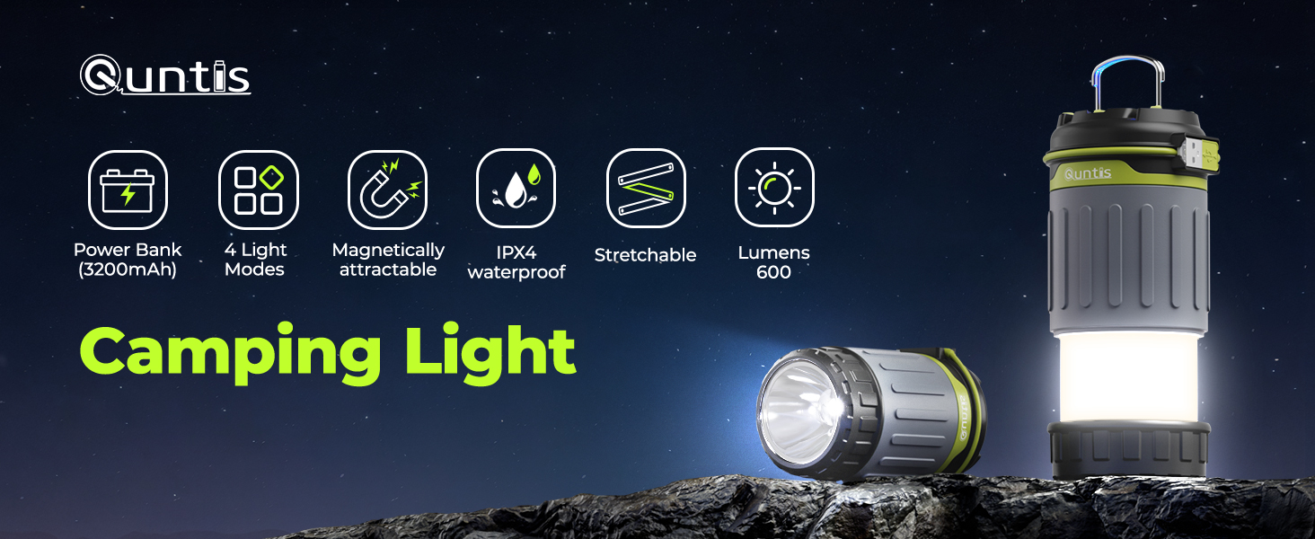 LED кемпінговий ліхтар Quntis, складаний, перезаряджуваний, 4 режими яскравості, аварійне освітлення для кемпінгу, подорожей та надзвичайних ситуацій