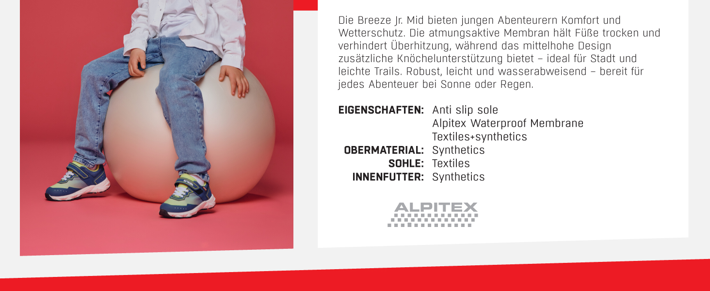 Дитячі трекінгові черевики Alpina Breeze Jr Mid – водонепроникні, з мембраною Alpitex та антиковзкою підошвою, розміри 36-39