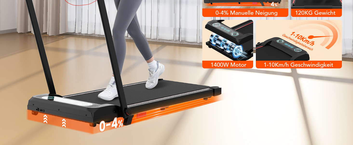 Біговий доріжка LIKESPORTING, складаний, 1400W, з регулюванням нахилу, швидкість 10 км/год, з пульт дистанційного керування та дисплеєм, для дому та офісу