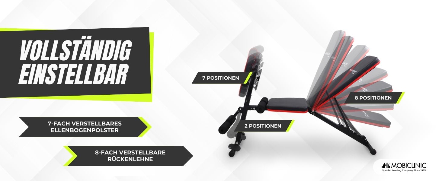 Багатофункціональна тренажерна лава Mobiclinic Planefit для силових тренувань, складана, 8 позицій регулювання, з еластичними стрічками-опорами та колесами для дому