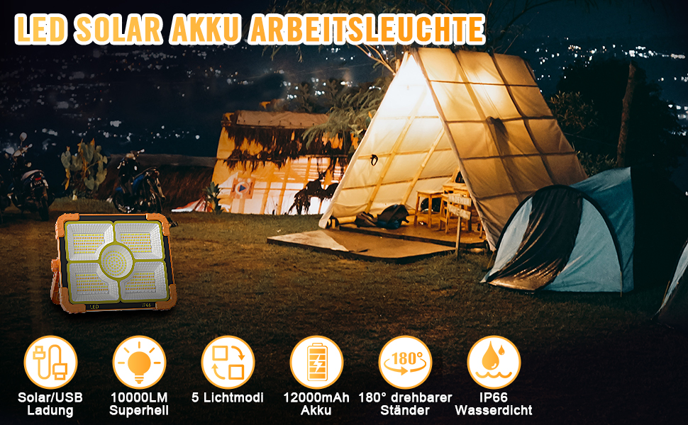 Акумуляторний сонячний прожектор Baustrahler 100W з 466 LED, 10000LM, USB, IP66, для будівництва, кемпінгу, гаража, надзвичайних ситуацій