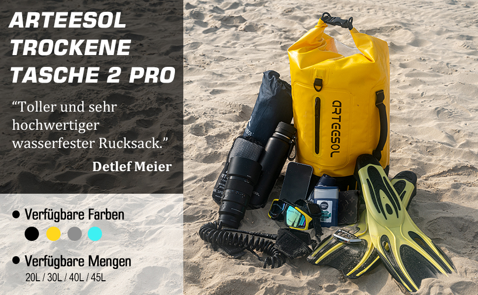 Чорний рюкзак Blackace Arteesol водовідштовхуючий, Dry Bag 20L, 40L, 45L - для каякінгу, кану, кемпінгу, трекінгу, походів, вітрильного спорту та інших водних видів спорту (Жовтий, 45L)