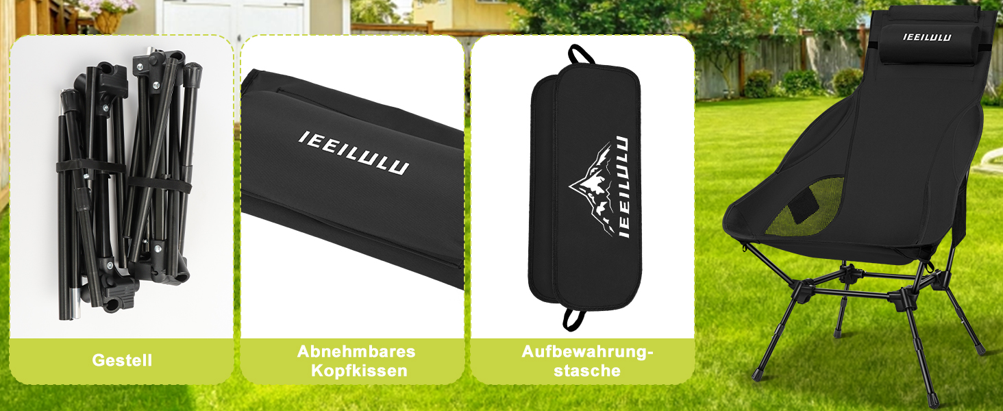 Складний туристичний стілець IEEILULU з високою спинкою, чорний. Макс. навантаження 130 кг, 2 кишені. Підходить для кемпінгу, риболовлі, пікніків та відпочинку на природі.
