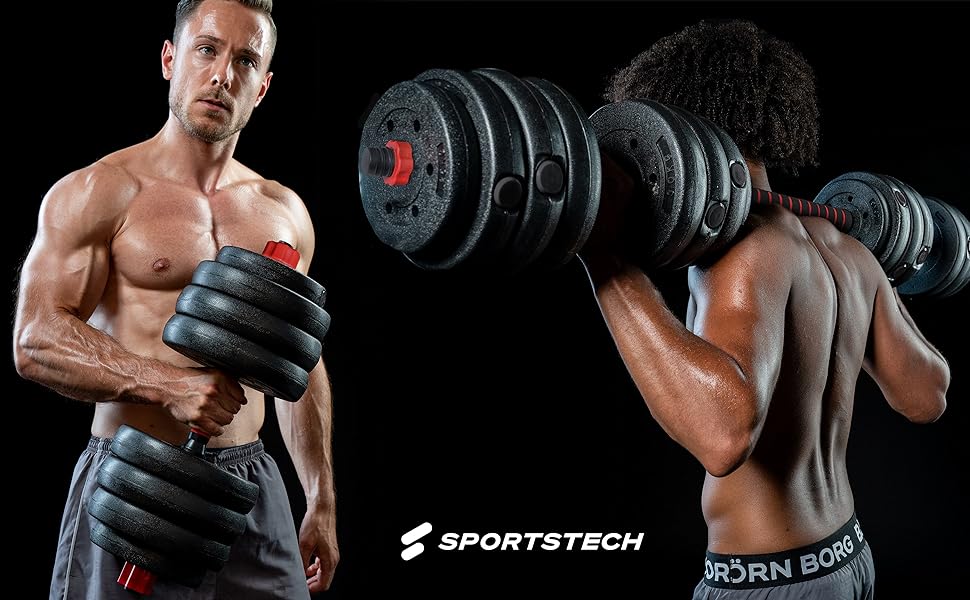 Sportstech 2-в-1 гантелі AH150: короткі та довгі гантелі, набір гантелей 20/30/40 кг, регульований набір з муштою та з'єднувач, фітнес для чоловіків та жінок