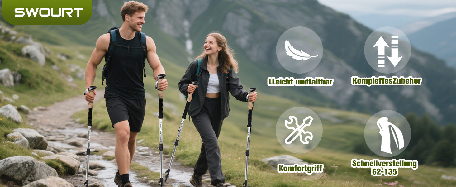 Телескопічні палиці для скандинавської ходьби Nordic Walking з корковими ручками, алюмінієві регульовані палиці для хайкінгу та прогулянок, 62–135 см, чорні (Upgrade 2025)