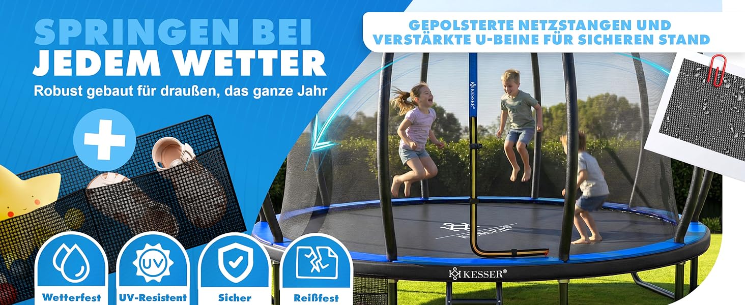 Батут KESSER® Outdoor Ø 244/305/366/427 см з сертифікатом GS, для дітей та дорослих (до 150 кг) з захисним сітком, сумкою, сходами, захисним бортиком та м'якими стійками сітки, антрацит