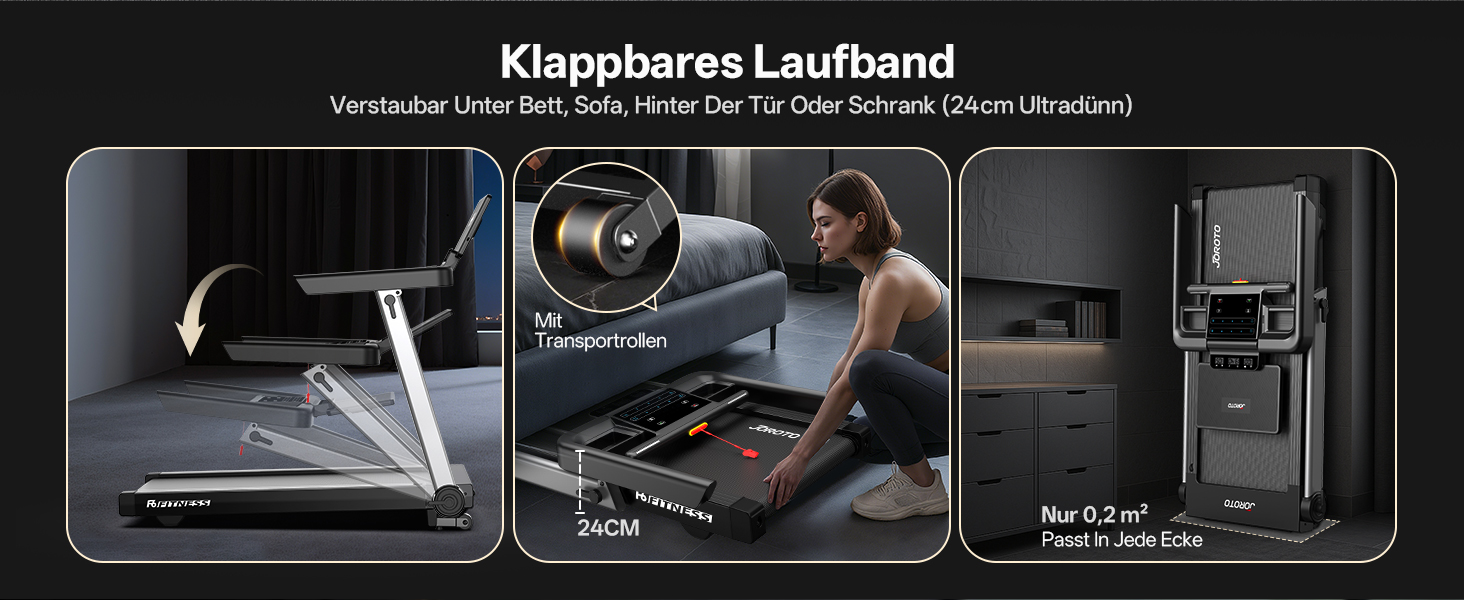 Біговий тренажер JOROTO для дому, складаний, 2.5PS, нахил 1-10%, LED дисплей, 15 програм, 1-16 км/год, велика площа бігової доріжки 130×48 см, Bluetooth, Kinomap, вантажопідйомність 150 кг, чорний