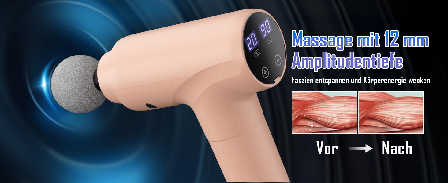 Масажер для м'язів з підігрівом, електричний масажний пістолет з LED-екраном, 20 швидкостей, 10 насадок, сумка, тихий (рожевий)