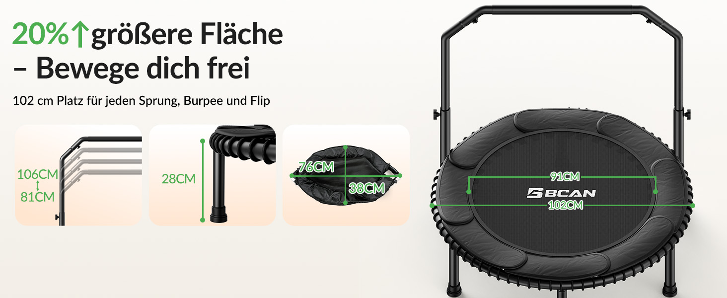 Міні-батут BCAN для дорослих, 102/122 см, до 204/250 кг, з еластичними тросами, регульованою ручкою, стабільний, тихий, для дому та вулиці, тренування всього тіла, розслаблення вдома - Зелений (102 см)