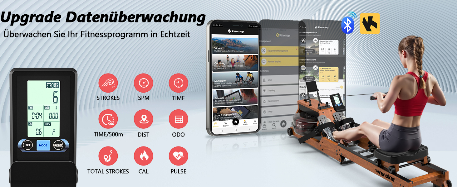 Гребний тренажер Wenoker для дому з дерева, складаний, з Bluetooth, комфортне сидіння, подвійні направляючі, до 150 кг, натуральний дуб