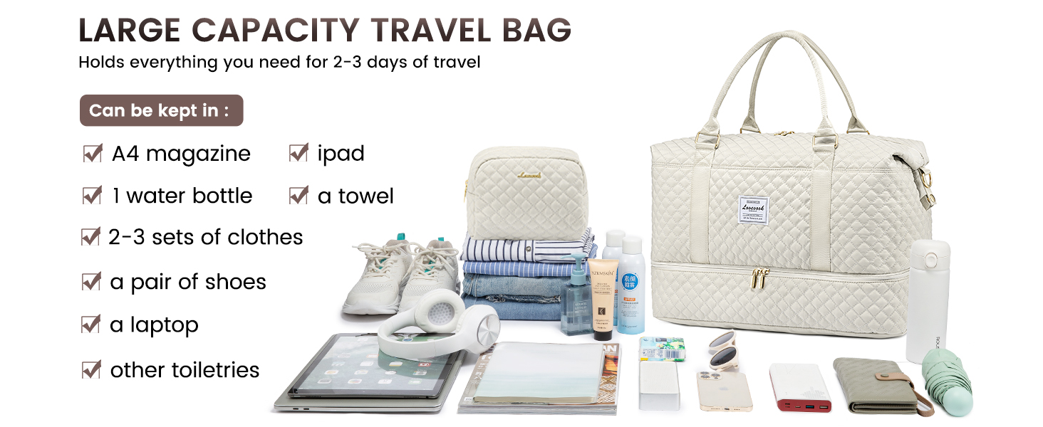 Спортивна сумка LOVEVOOK для жінок: велика дорожня сумка-мішок з косметичкою, відділенням для взуття та мокрих речей. Ідеальна для подорожей, клініки, пологів, вихідних. Водостійка сумка ручної поклажі для літака. 2 шт. Бежевий колір.